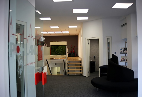 Modernes und helles Hörakustik-Fachgeschäft mit Empfangsbereich und stilvoller Einrichtung.